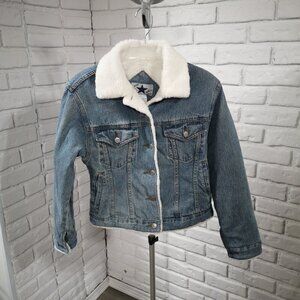Star Blue Ladies Size Small Blue Denim Jacket with White Faux Fur Lining